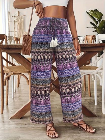 Women's Boho Wide-Leg Casual Pants with Ethnic Pattern for Summer