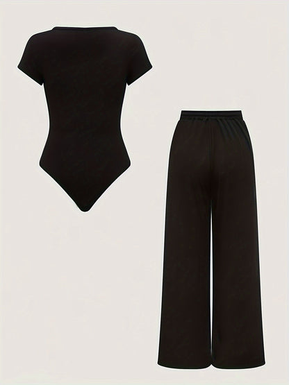 Women's One-Piece Set with Square Neck Bodysuit and Wide Pants, Casual & Everyday