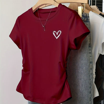 Women's T-shirt with Heart Print – Fashionable Summer Top, Fitted, Short Sleeve, Casual & Leisure Look