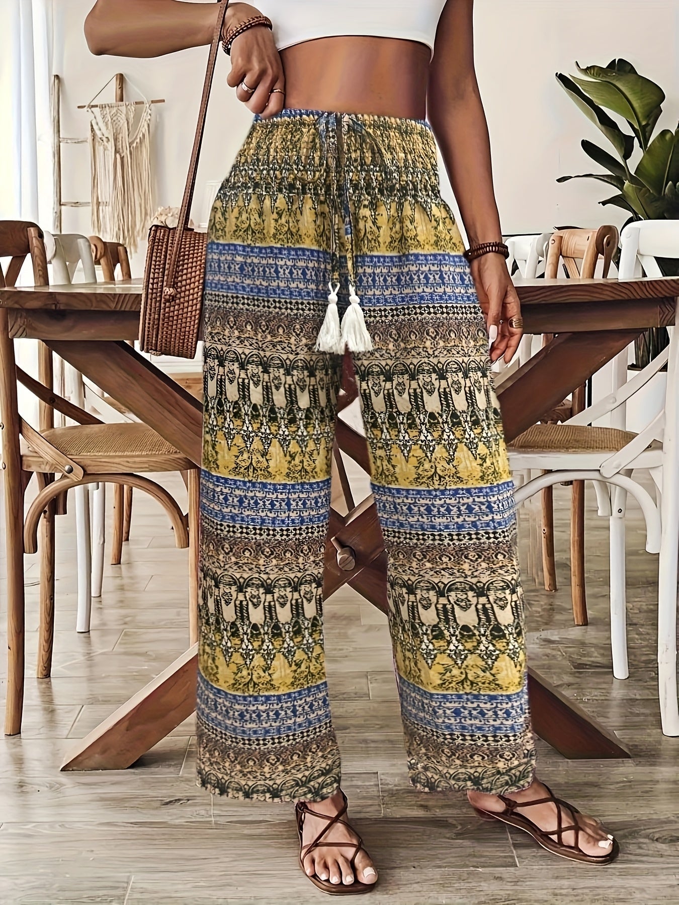 Women's Boho Wide-Leg Casual Pants with Ethnic Pattern for Summer