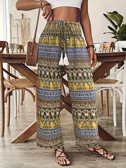Women's Boho Wide-Leg Casual Pants with Ethnic Pattern for Summer