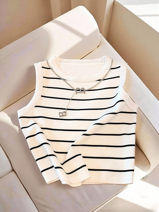Women's Sleeveless Striped Top in Preppy Style for Everyday and Leisure