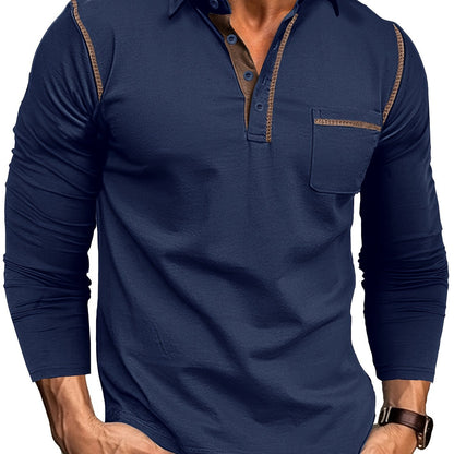 Men's long-sleeve polo shirt with chest pocket and contrast stitching