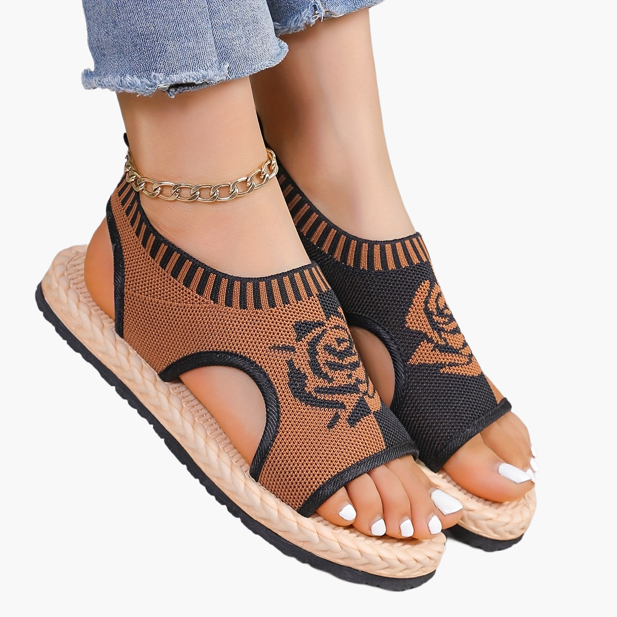 Damen Sommer-Sandalen mit Blumenmuster – Bequeme Freizeitschuhe mit offener Spitze