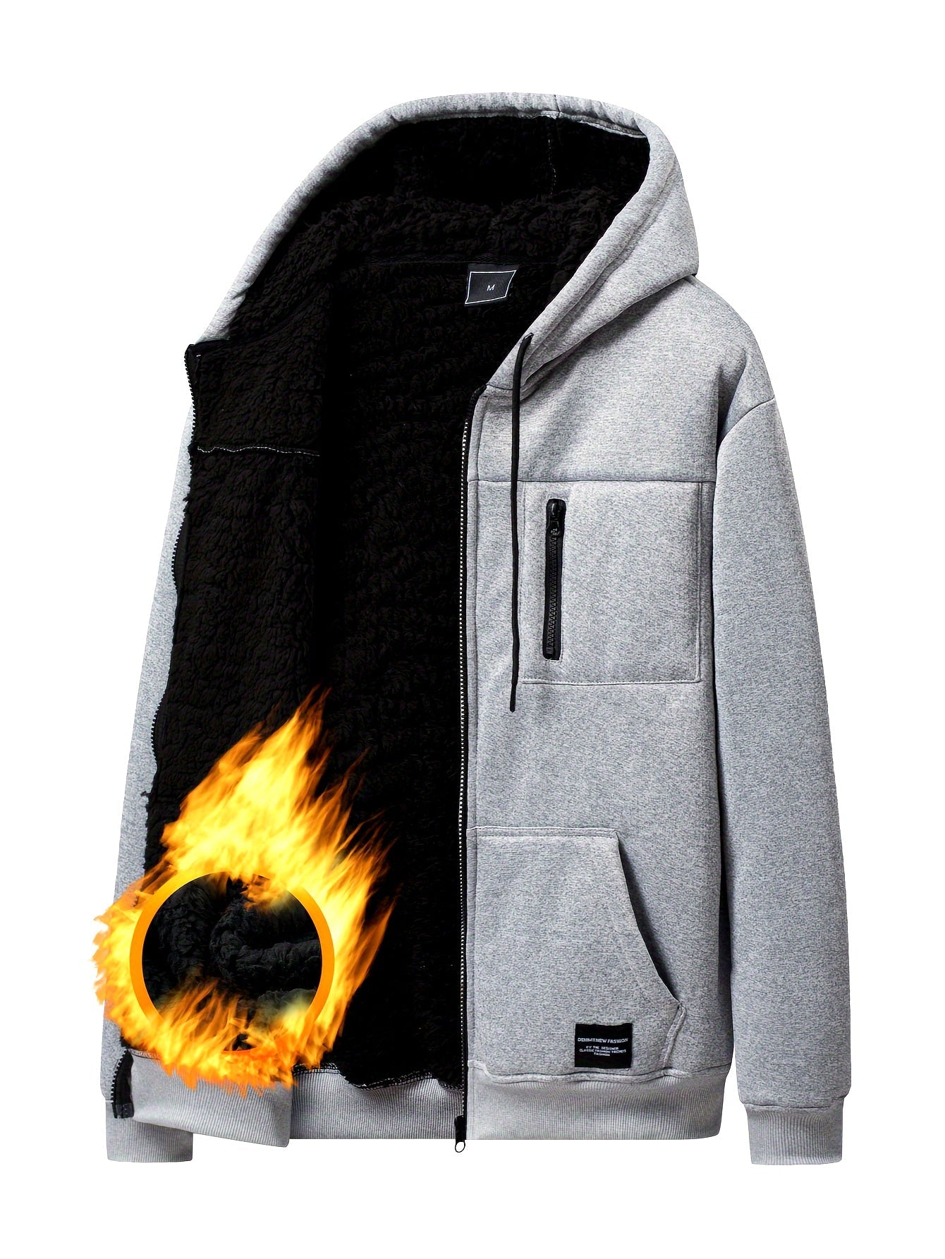 Grauer Herren Kapuzenpullover mit Reißverschluss und Teddyfutter