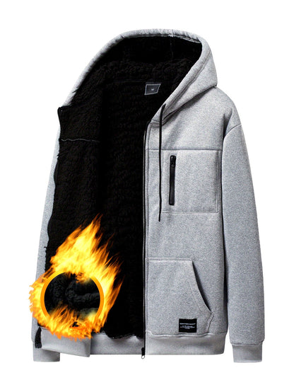 Grauer Herren Kapuzenpullover mit Reißverschluss und Teddyfutter