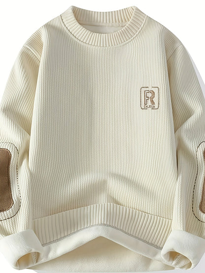 Unisex Langarm Pullover mit Ellbogen-Patches, Rundhalsausschnitt, gerippter Saum