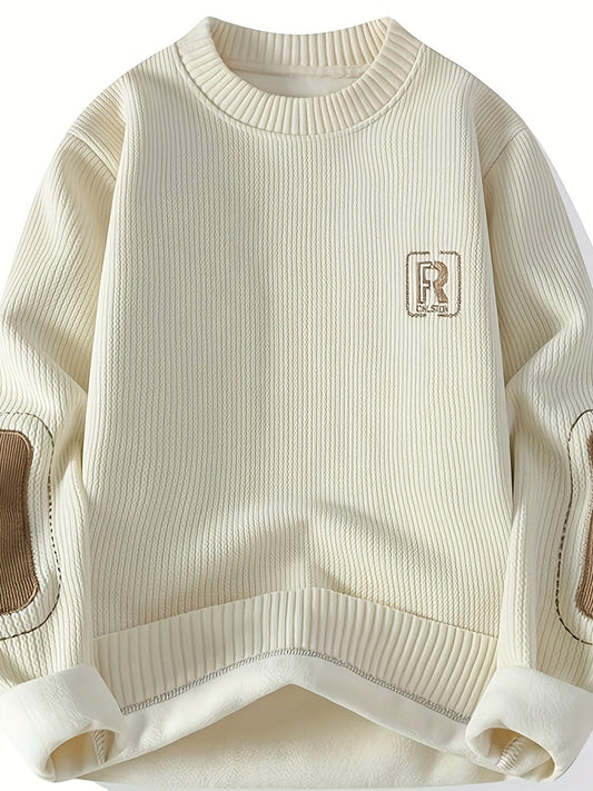 Unisex Langarm Pullover mit Ellbogen-Patches, Rundhalsausschnitt, gerippter Saum