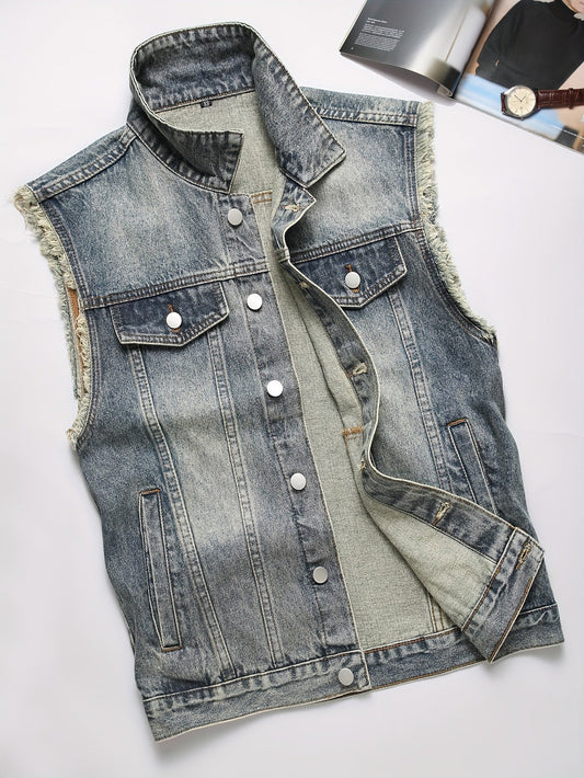 Sleeveless denim vest for men, distressed, with button closure, blue