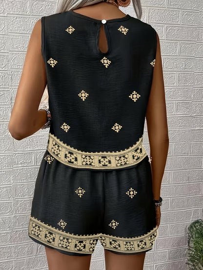 Women's Summer Two-Piece Set – Sleeveless Top and Shorts with Geometric Pattern, Casual Outfit