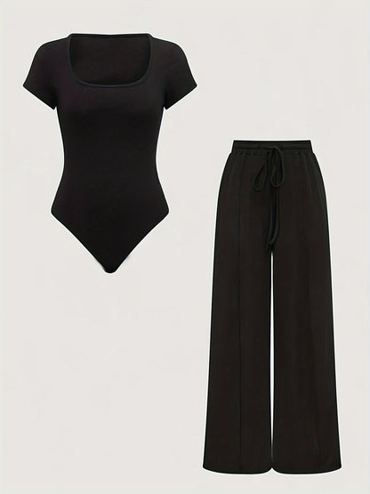 Women's One-Piece Set with Square Neck Bodysuit and Wide Pants, Casual & Everyday