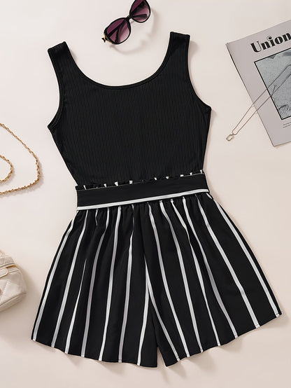 Women's Elegant Jumpsuit with Stripes and Waist Belt – Sleeveless Summer Romper for Leisure & Vacation