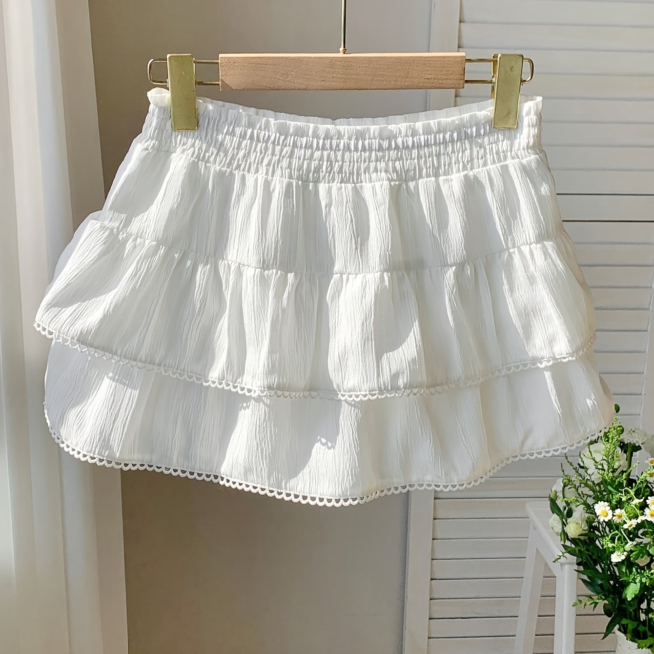 Women's summer mini skirt with ruffles and elastic waistband – Playful boho style for leisure and vacation