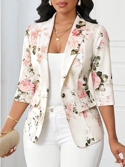 Women's Elegant Blazer with Floral Pattern and 3/4 Sleeves for Office and Casual Wear