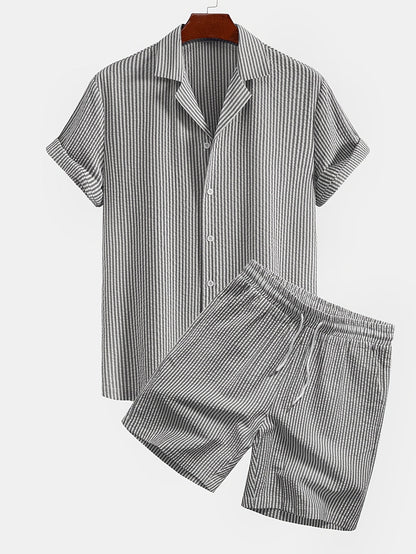 Herren Kurzarm Strand Outfit Set – Modernes Streifenmuster, Freizeit & Urlaub