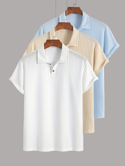 Men's Short-Sleeve Polo Shirt Set – Modern Waffle Pattern, Classic Casual Style, 3-Pack