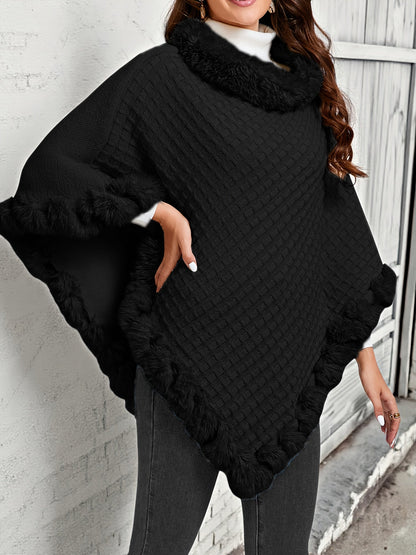 Damen Poncho gestrickt mit Kunstfellbesatz Wickelponcho