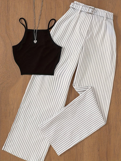 Women's Elegant Pinstripe Set – Sleeveless Top and Wide-Leg Pants with Belt, Perfect for Office and Leisure