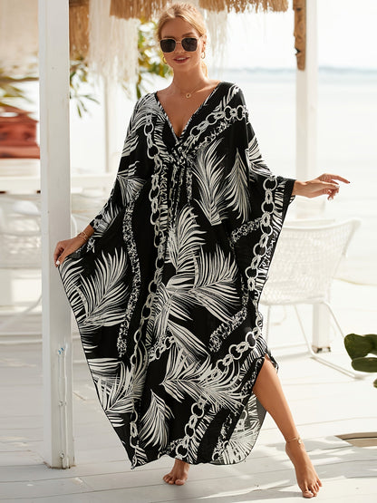 Women's Kaftan Maxi Dress with Tropical Palm Print and Chain Pattern – Perfect Beach and Resort Outfit