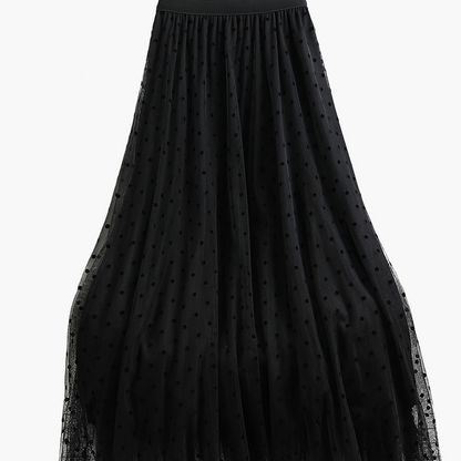 Women's Elegant Midi Skirt with Polka Dots and Flared Cut – Perfect for Spring and Summer