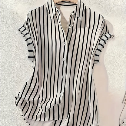 Women's blouse shirt with vertical stripes and button placket – Elegant summer look for office and leisure