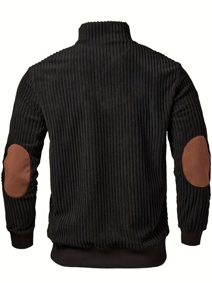 Ribbed men's quarter-zip sweater with suede-look patches