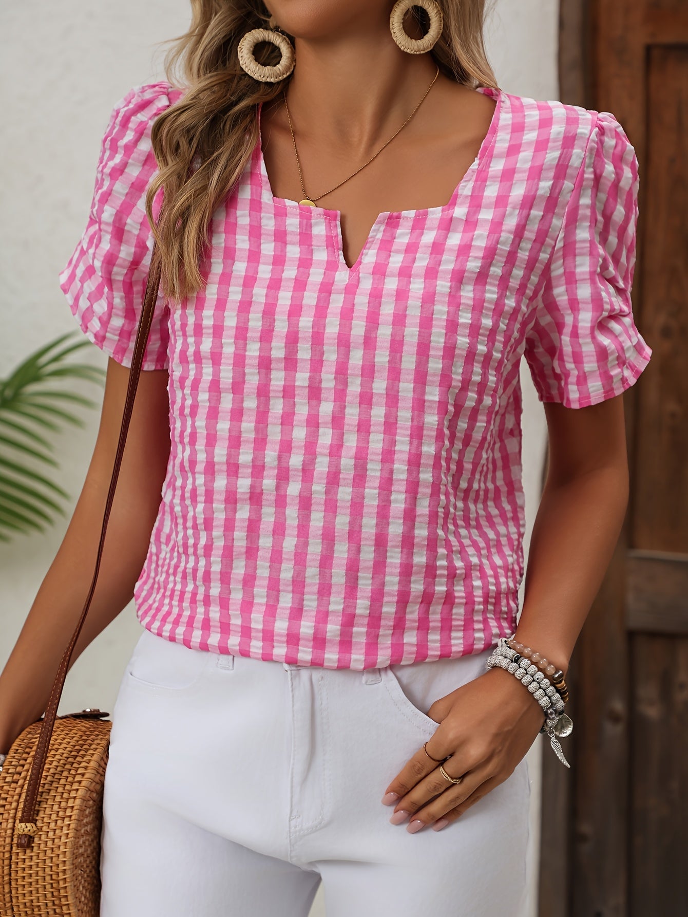 Women's Elegant Checked Blouse with Neckline – Perfect for Spring & Summer