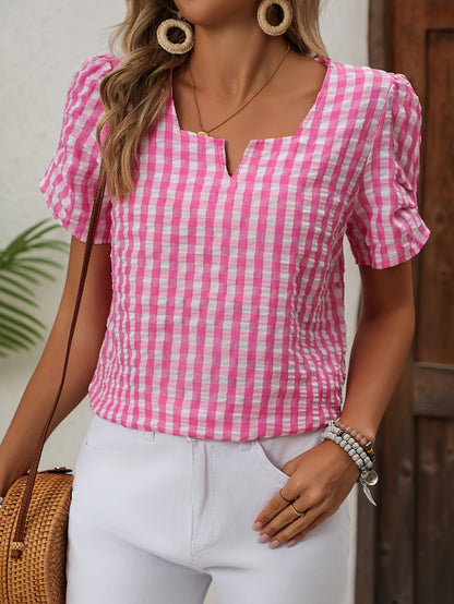 Women's Elegant Checked Blouse with Neckline – Perfect for Spring & Summer