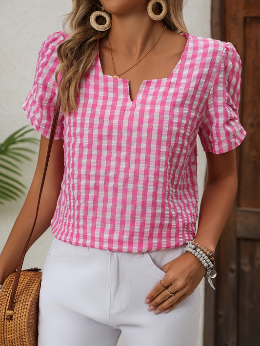 Women's Elegant Checked Blouse with Neckline – Perfect for Spring & Summer