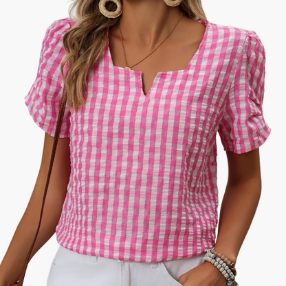 Women's Elegant Checked Blouse with Neckline – Perfect for Spring & Summer