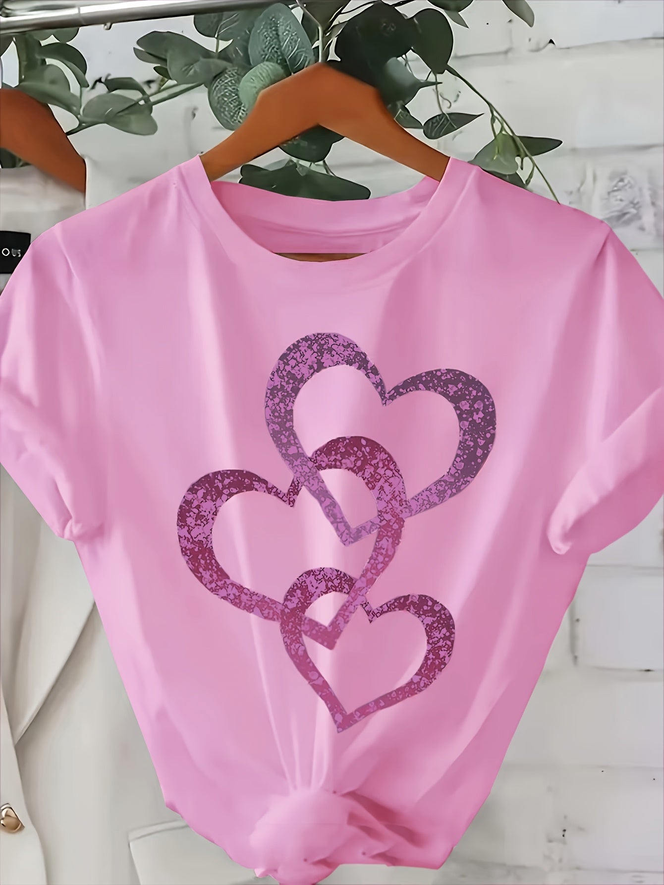 Damen T-Shirt mit Glitzer-Herz-Print, Casual Sommer Style