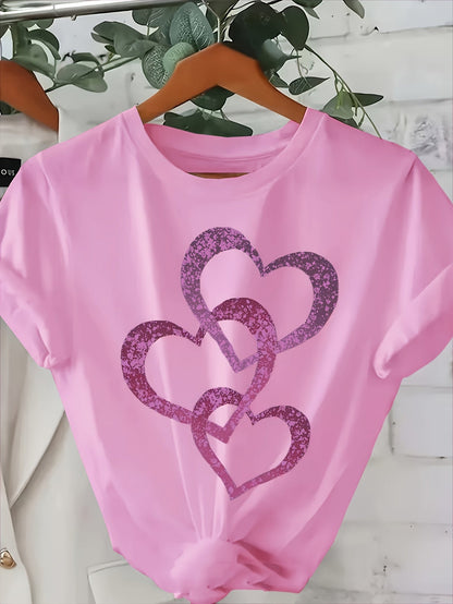 Damen T-Shirt mit Glitzer-Herz-Print, Casual Sommer Style