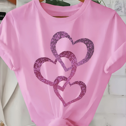 Damen T-Shirt mit Glitzer-Herz-Print, Casual Sommer Style