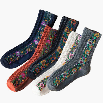 Women's Vintage Socks with Floral Embroidery – Elegant Jacquard Socks in Retro Style, Pack of 5