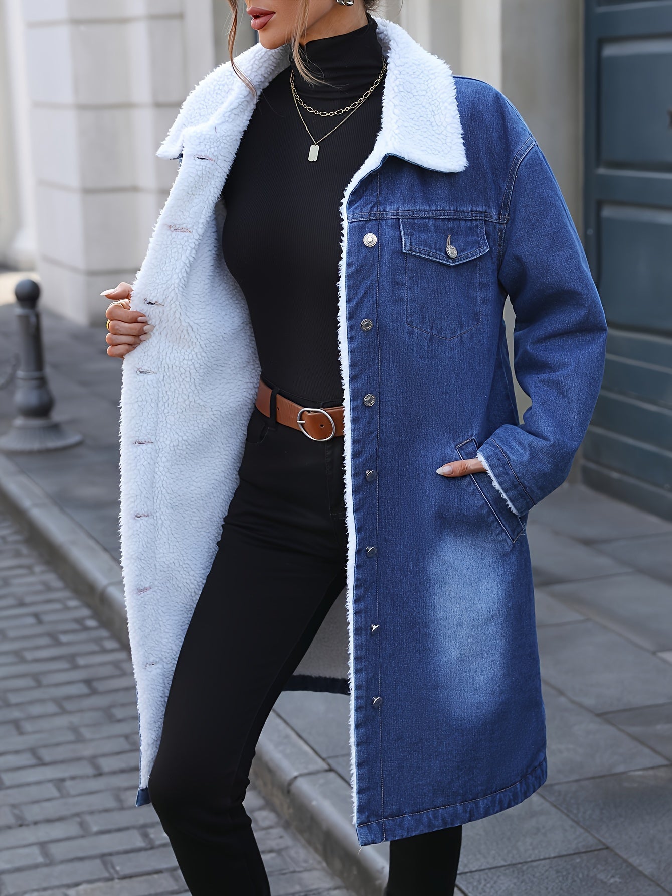 Women's long denim coat with dark blue teddy lining