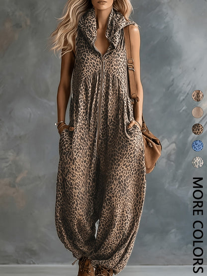 Damen Jumpsuit ärmellos mit Kapuze Animal-Print lockere Passform