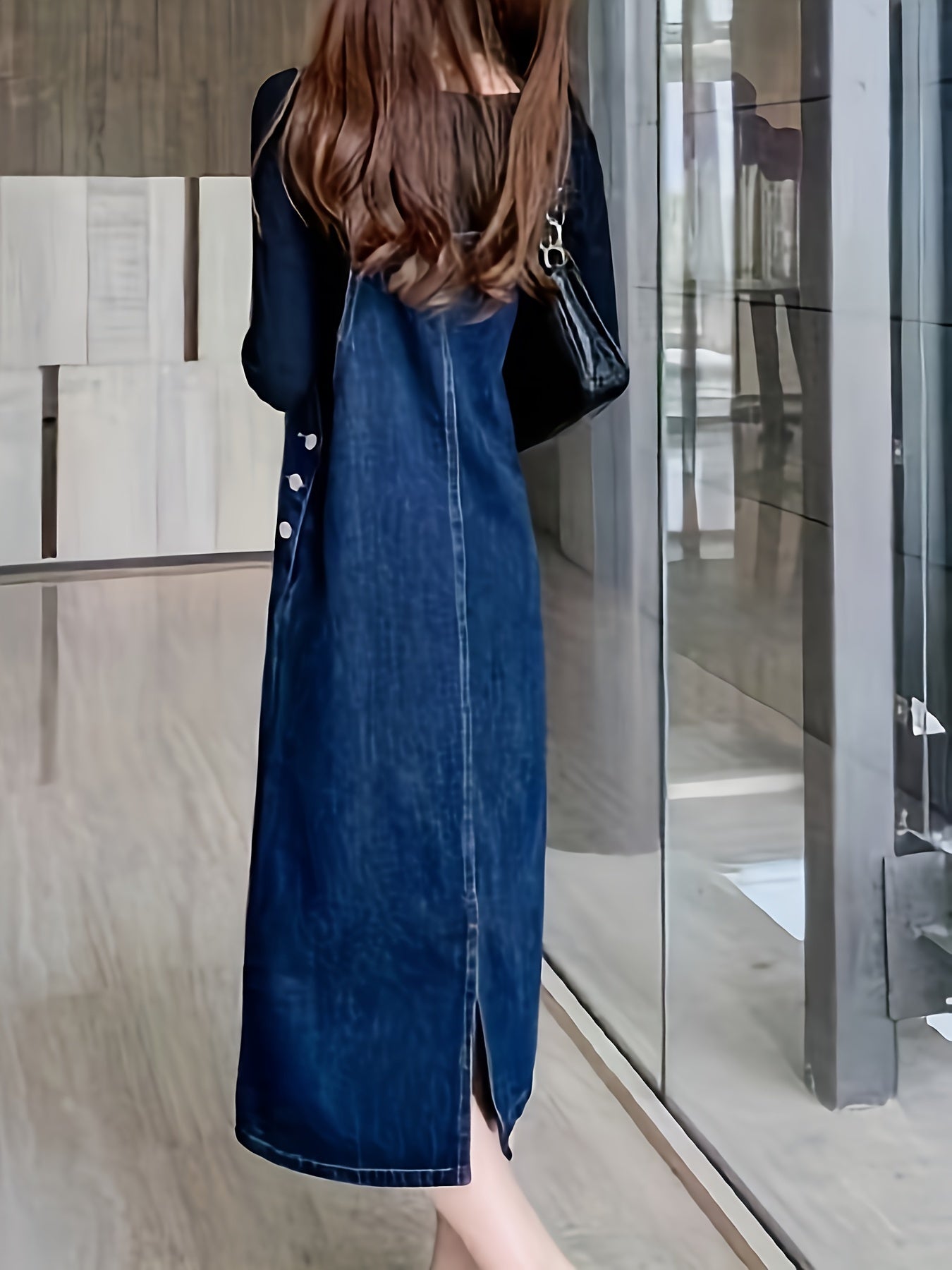Women's Denim-Look Pinafore Midi Dress with Pocket – Fashionable Casual Dress for Everyday and City Wear