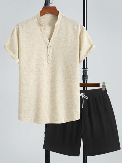 Men's Two-Piece Casual Set with Henley Shirt and Shorts – Modern Summer Outfit for Vacation & Everyday Wear