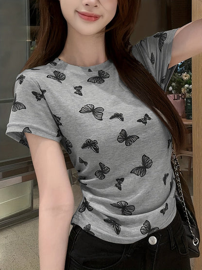 Damen T-Shirt mit Schmetterlingsdruck, tailliert, Kurzarm, Freizeit & Urlaub