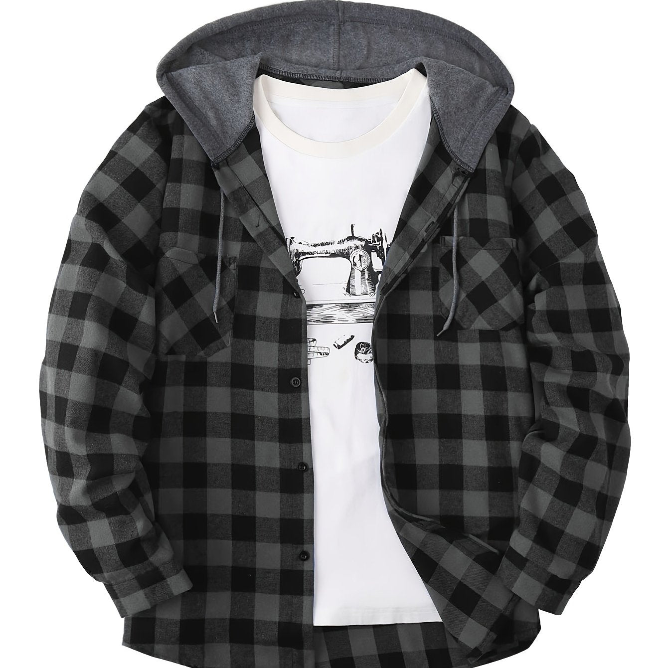 Men’s plaid hooded shirt with button placket