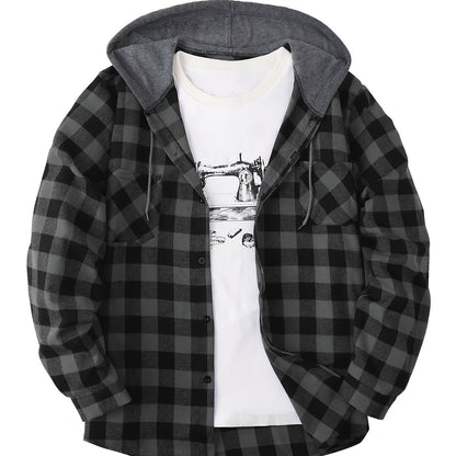 Men’s plaid hooded shirt with button placket