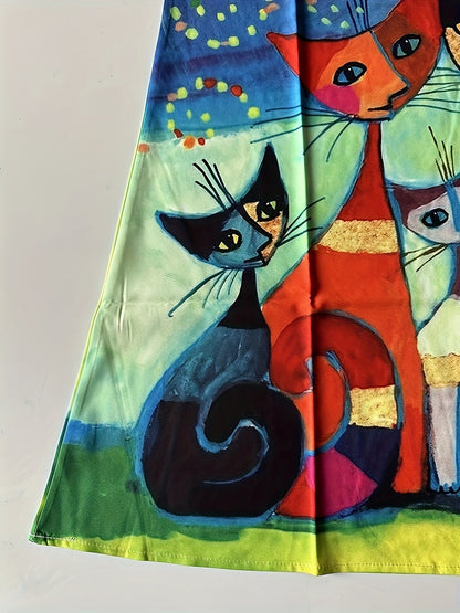 Women's vintage casual dress with artistic cat and sun motif, sleeveless, loose fit