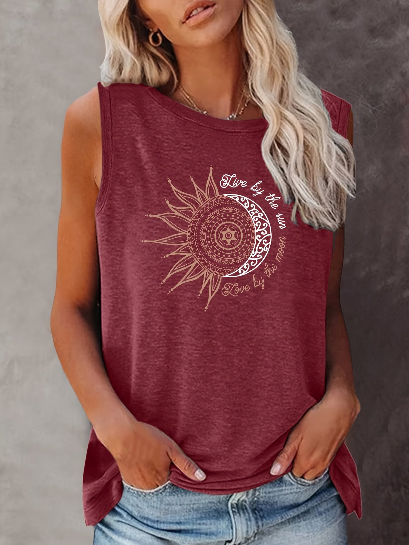 Women's Boho-Style Tank Top with Sun and Moon Print – Summer Casual Shirt