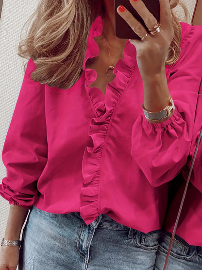 Women's blouse with ruffles and V-neck – Elegant casual style for everyday and office wear