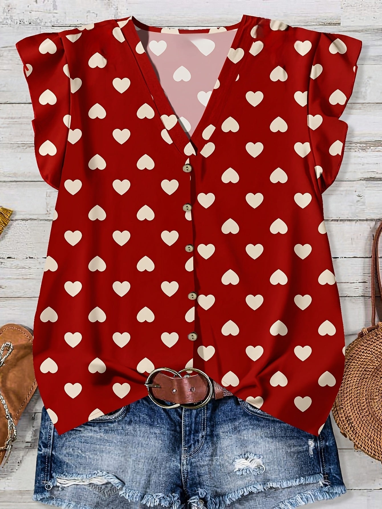 Women's summer blouse with hearts, V-neck, button placket, casual & romantic style