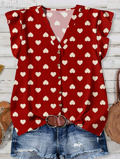 Women's summer blouse with hearts, V-neck, button placket, casual & romantic style