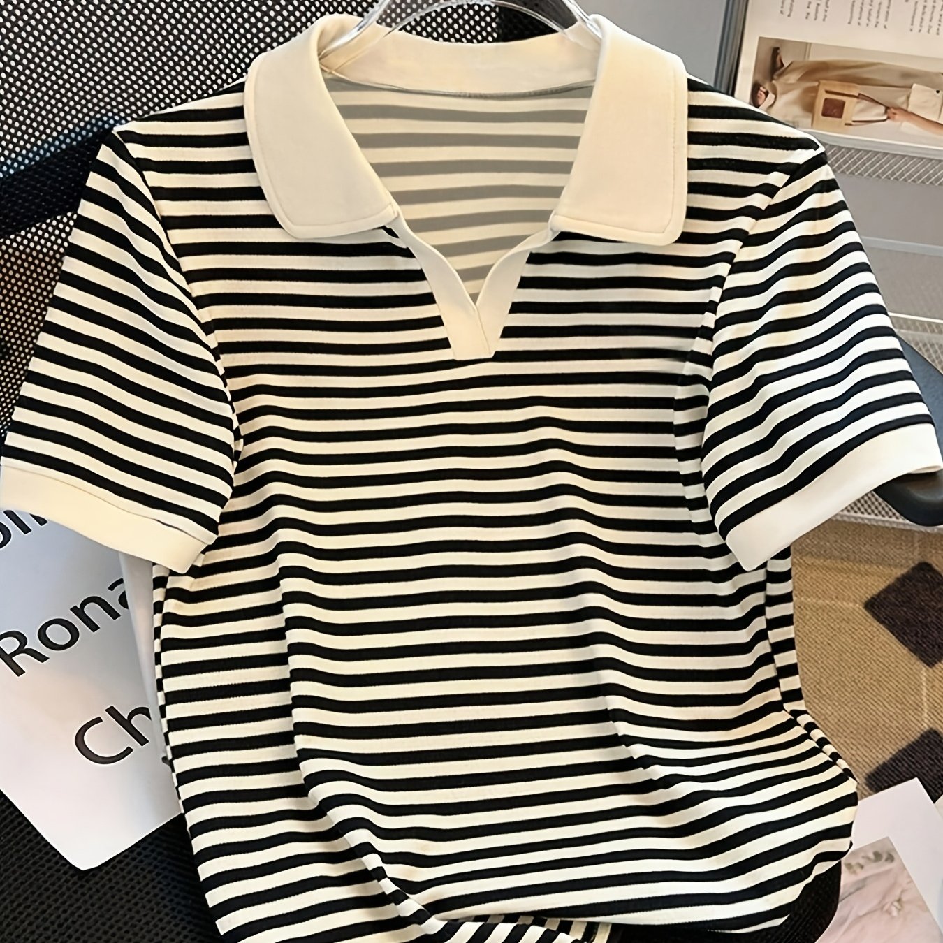 Women's polo shirt with stripes and V-neck – smart-casual style for leisure and office