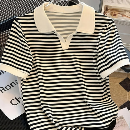 Women's polo shirt with stripes and V-neck – smart-casual style for leisure and office