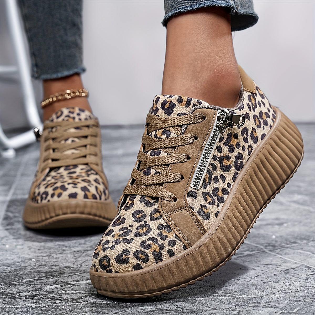 Women's Platform Sneakers with Leopard Print and Zipper – Fashionable Casual Shoes for Everyday and Street Style