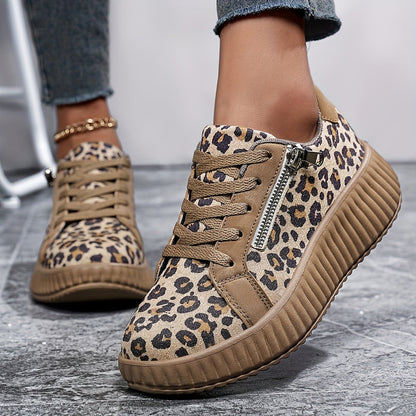 Women's Platform Sneakers with Leopard Print and Zipper – Fashionable Casual Shoes for Everyday and Street Style